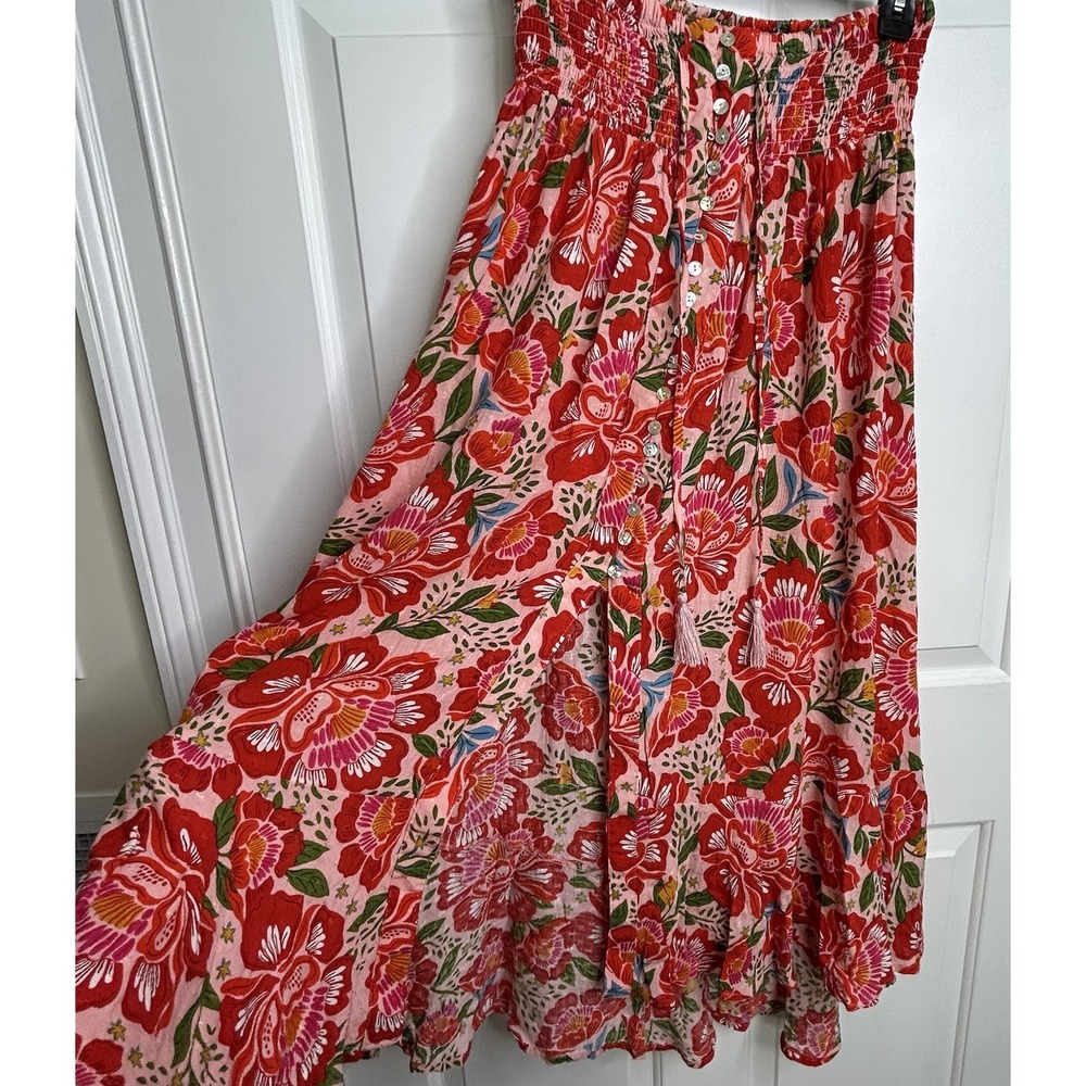 Rachel Zoe Smocked Waist Midi Skirt Women's Large Boho Beach Resort Red Floral - Picture 2 of 11
